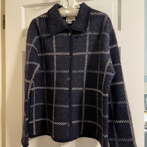 100% Wool Gray Blue  Windowpane Jacket-Style Collared Sweater; Med; Talbots